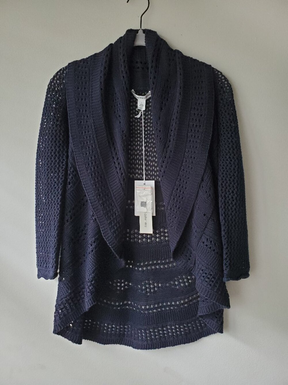 NEW Cotton by Autumn Cashmere 3/4 Sleeve Pointelle Drape Cardigan Navy Blue S